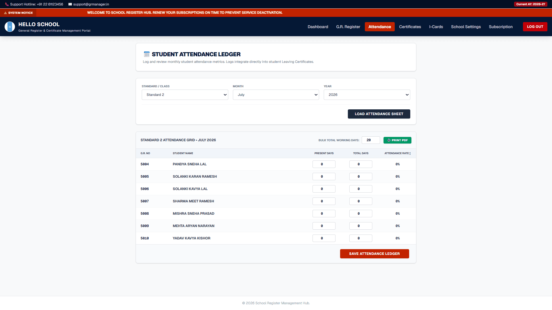 GR Manager Student Attendance Ledger