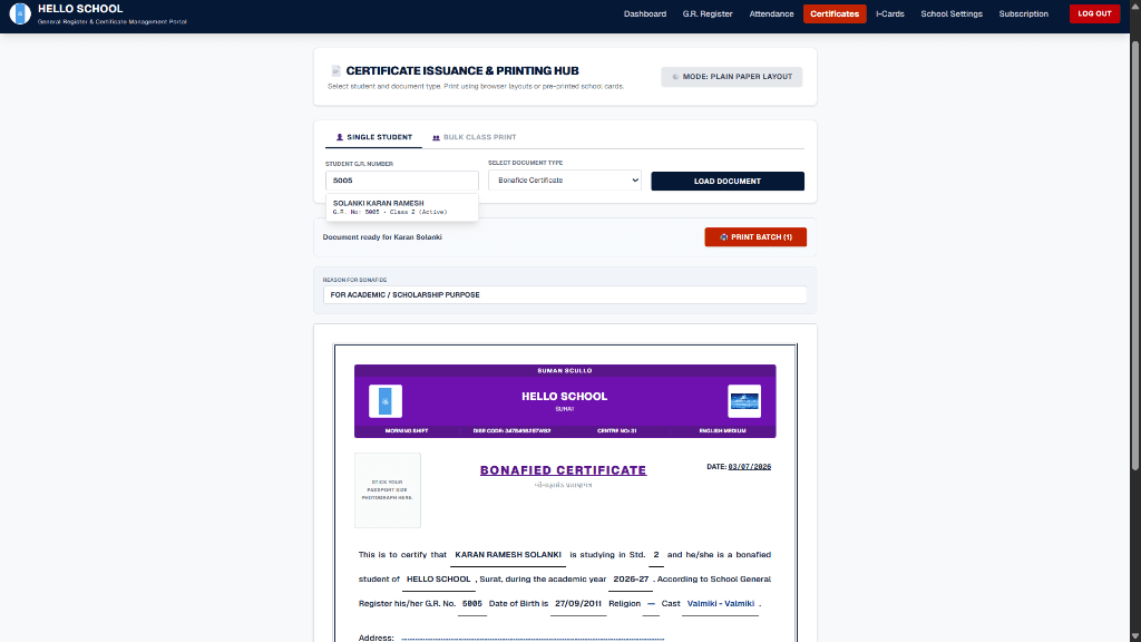 Bonafide Certificate Printing Layout